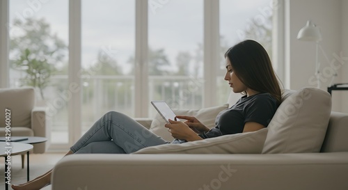 Woman using a tablet to browse online in a modern living room