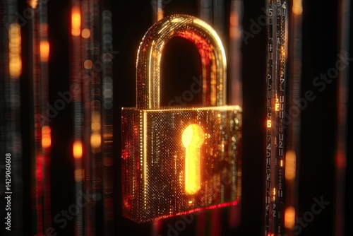 Gold padlock in digital code photo