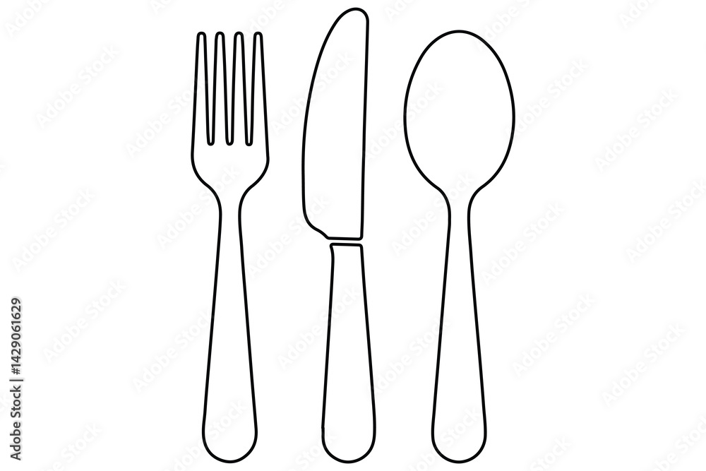 continuous Line Art Illustration of Fork, Knife, and Spoon continuous Line Art Illustration of Fork, Knife, and Spoon
