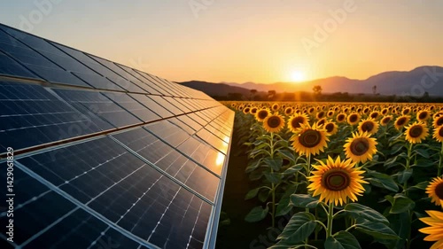 Solar Panels with Bright Sunflowers at Sunset in Agricultural Field Under Clear Sky in Rural Landscape
