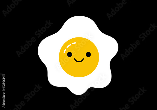 Cartoon illustration of a cute fried egg with a cheerful smiley face, featuring a vibrant yellow yolk and clean design on a simple black background. Creative concept. Vector illustration.