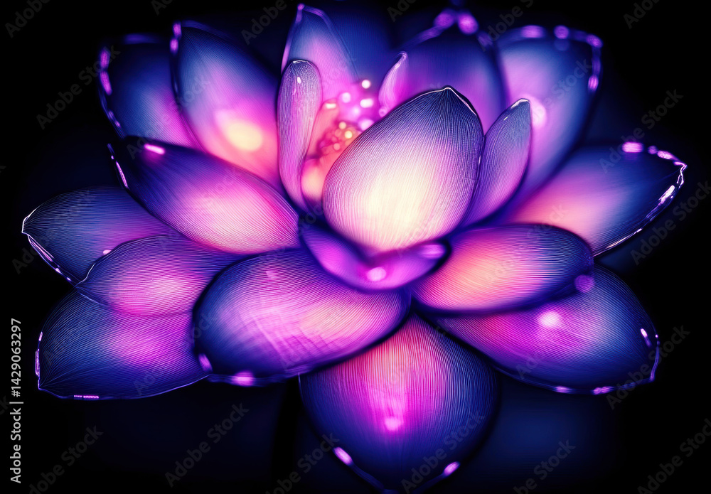Fototapeta premium glowing lotus flower radiates vibrant colors in dark, creating serene atmosphere