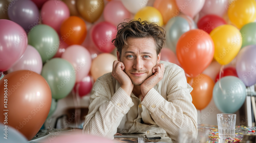 In the image, a person is leaning on their hands, surrounded by a multitude of colorful balloons in the background