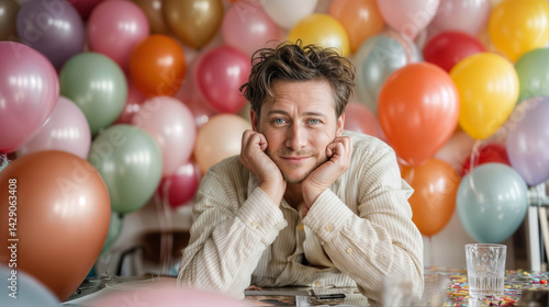 Obraz na płótnie In the image, a person is leaning on their hands, surrounded by a multitude of colorful balloons in the background w salonie
