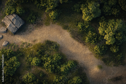 Realistic DnD battle map with a mountain curve and crossroad. Top view features trees, stones, and bushes on a path for tabletop role-playing games.