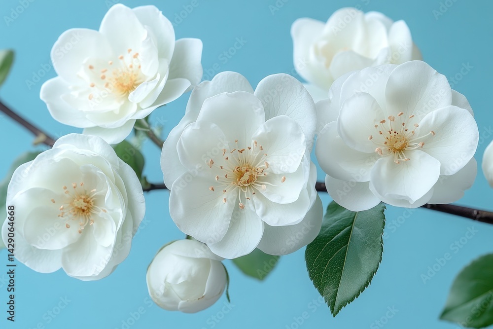 Obraz premium White flowers with green leaves on a branch against a blue background.