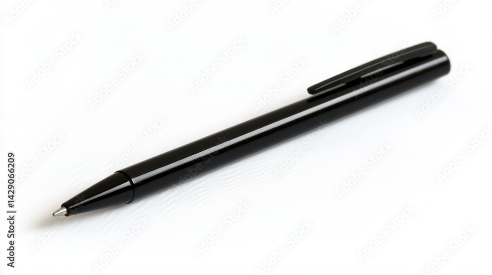 A black ballpoint pen lying diagonally on a white background. A black ballpoint pen lying diagonally on a white background.