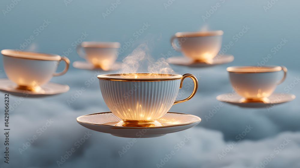 Fototapeta premium Floating Cafe in Dreamy Pastel Clouds