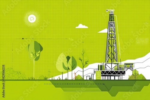 Green Oil Rig Illustration in Nature with Modern Design Elements