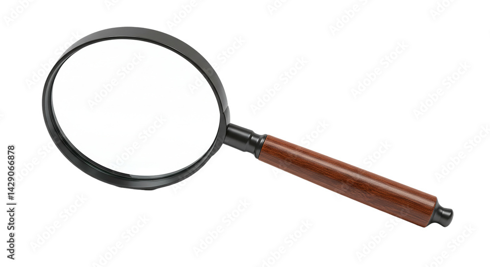 A close up of a magnifying glass with a brown handle isolated against a black background in full view A close up of a magnifying glass with a brown handle isolated against a black background in full view