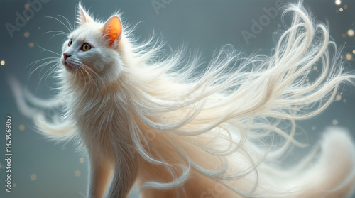 A white cat with long hair is standing on a surface