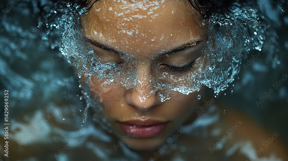 Fototapeta premium Mental health overload- Water exploding from a woman's head symbolizes stress.
