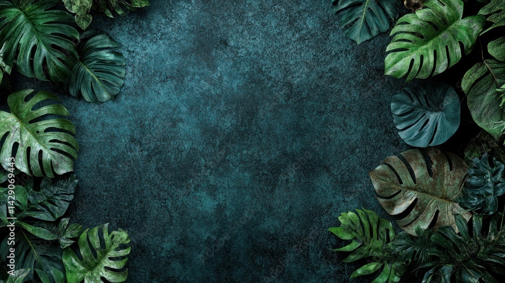 Tropical leaves frame dark teal background Tropical leaves frame dark teal background