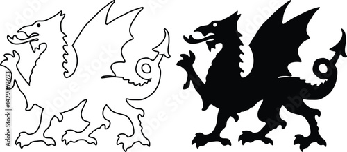 Welsh Dragon Outline and Silhouette Design Clipart