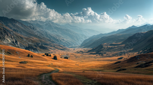 The image depicts a breathtaking mountain landscape with rolling hills covered in golden grass