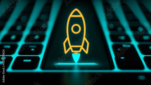 Neon Rocket Launch Key: Startup Concept Glowing on Keyboard, Representing Innovation, Technology, and New Beginnings.