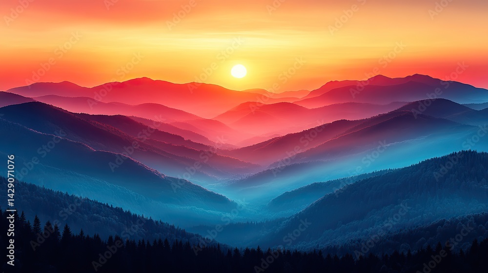 Fototapeta premium Minimalist sunrise- Warm sunlight illuminates layers of rolling mountains in soft pastel.