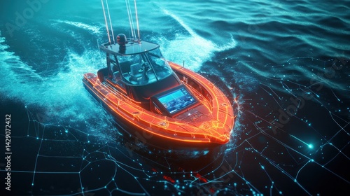 High-tech boat navigating ocean, digital map background, futuristic travel