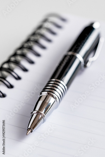 Obraz na płótnie Black and silver ballpoint pen resting on a lined notebook with a spiral binding. w salonie