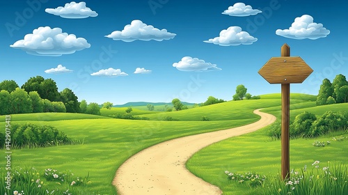 Scenic pathway winding through lush green fields under a bright blue sky with fluffy clouds