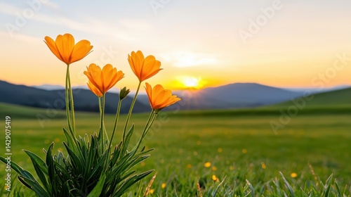 A cluster of bright orange flowers bloom in a lush green field during sunset, creating a serene and picturesque natural scene.