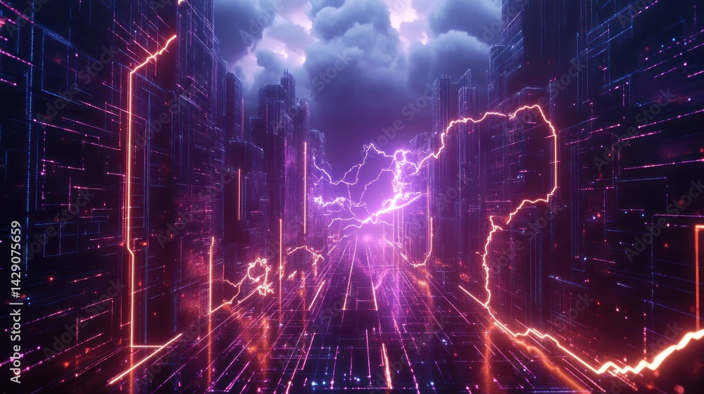 Neon Cityscape Lightning Storm Digital Art Neon Cityscape Lightning Storm Digital Art