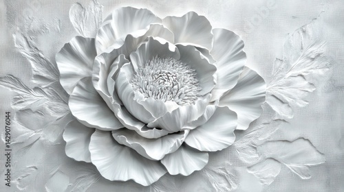Fototapeta Naklejka Na Ścianę i Meble -  White 3D peony flower wall art, textured background, home decor