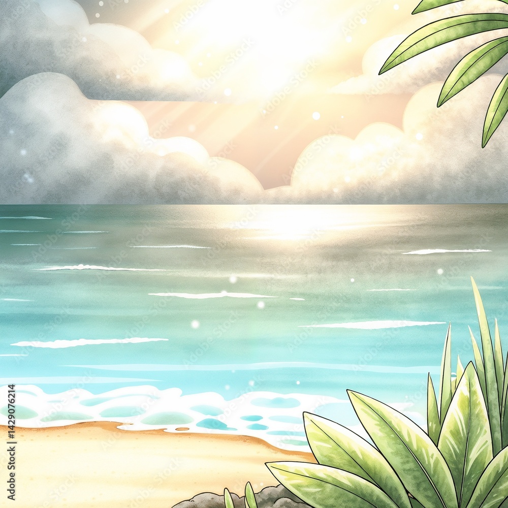 Serene beach landscape with sunlight reflecting on water