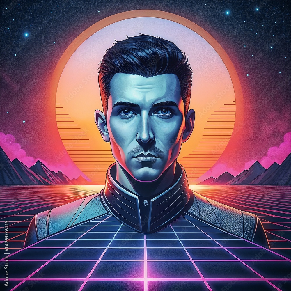 Futuristic male figure with serious expression against neon landscape