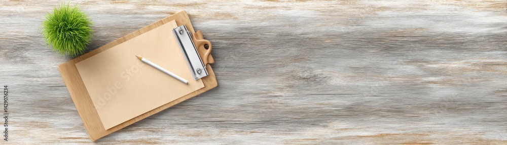 A clipboard with a blank sheet, a pen, and a small green plant on a rustic wooden background. A clipboard with a blank sheet, a pen, and a small green plant on a rustic wooden background.