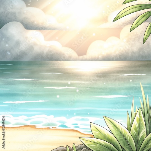 Serene beach landscape with sunlight reflecting on water  