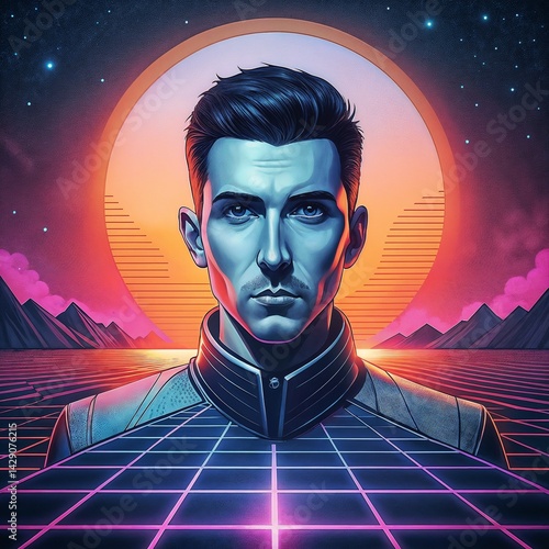 Obraz na płótnie Futuristic male figure with serious expression against neon landscape w salonie