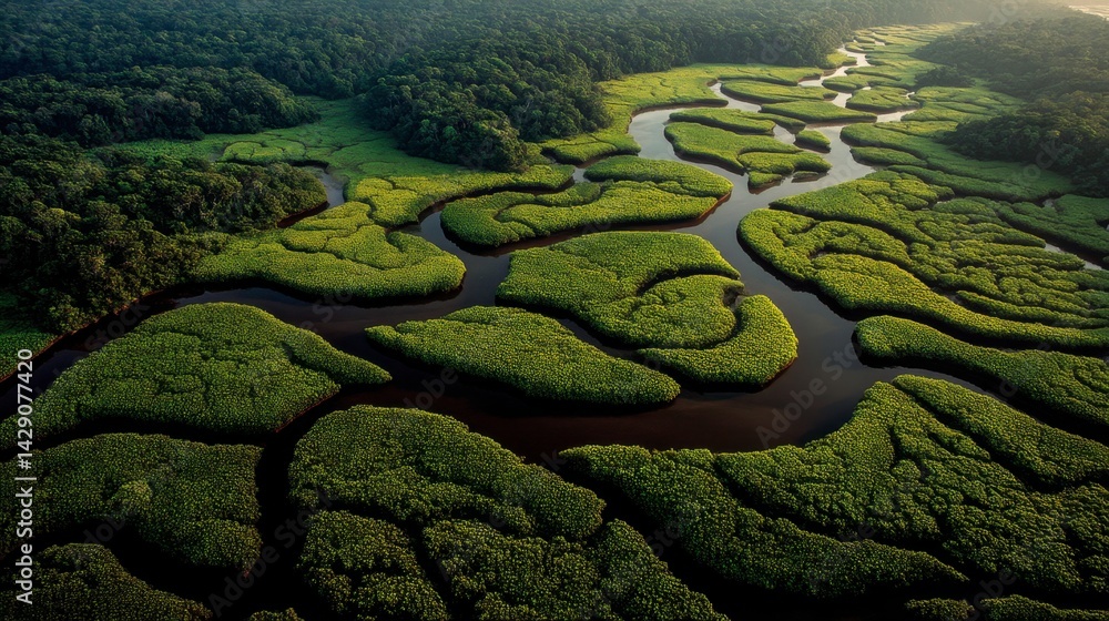 Aerial view of a lush green river system winding through dense vegetation. The water is dark and calm, reflecting the surrounding foliage. Aerial view of a lush green river system winding through dense vegetation. The water is dark and calm, reflecting the surrounding foliage.