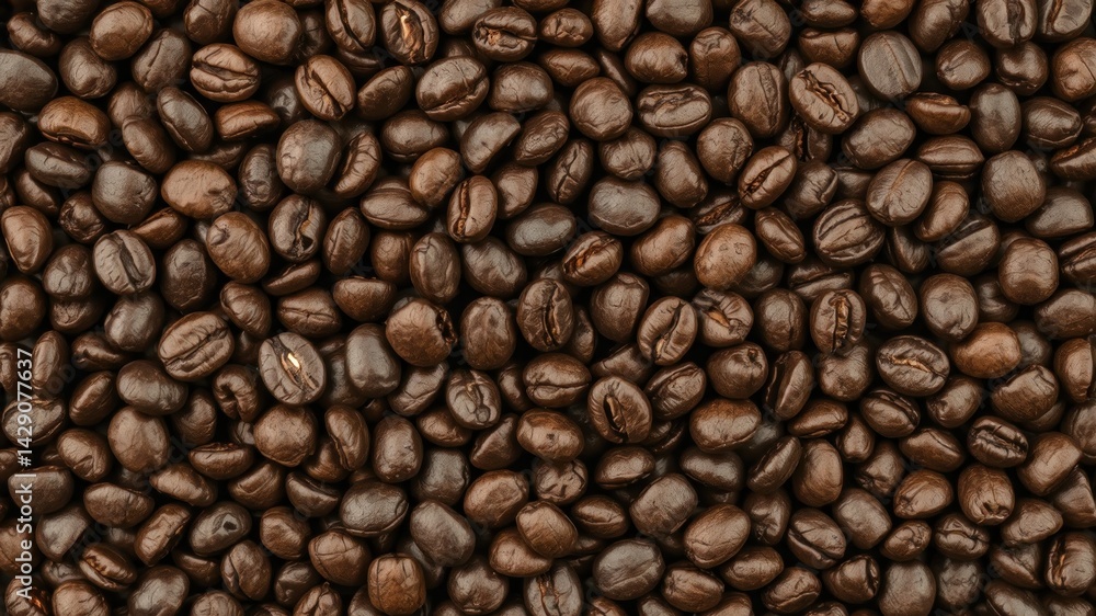 Obraz premium Dark Roasted Coffee Beans Spread Across a Surface for Background Use