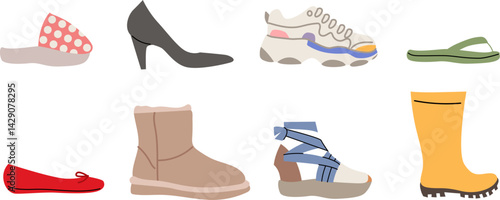 Flat style cartoon illustration collection of fashionable women footwear. Vector isolated elements of ballerina flats, rain boots, flip flops, house slippers, high heels, trainers and espadrilles shoe