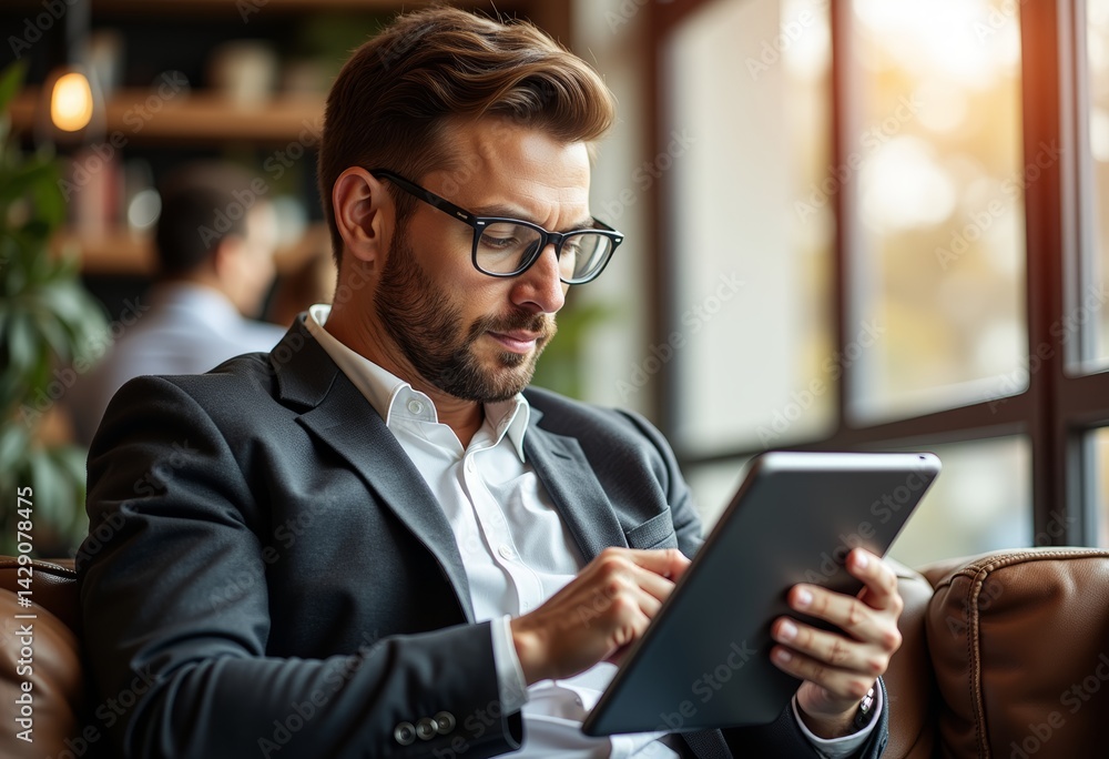 Focused male entrepreneur analyzing financial data on tablet in cafe Focused male entrepreneur analyzing financial data on tablet in cafe
