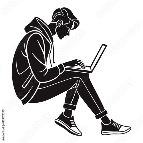 Young Man Working On Laptop In Monochrome Vector Illustration Isolated Design