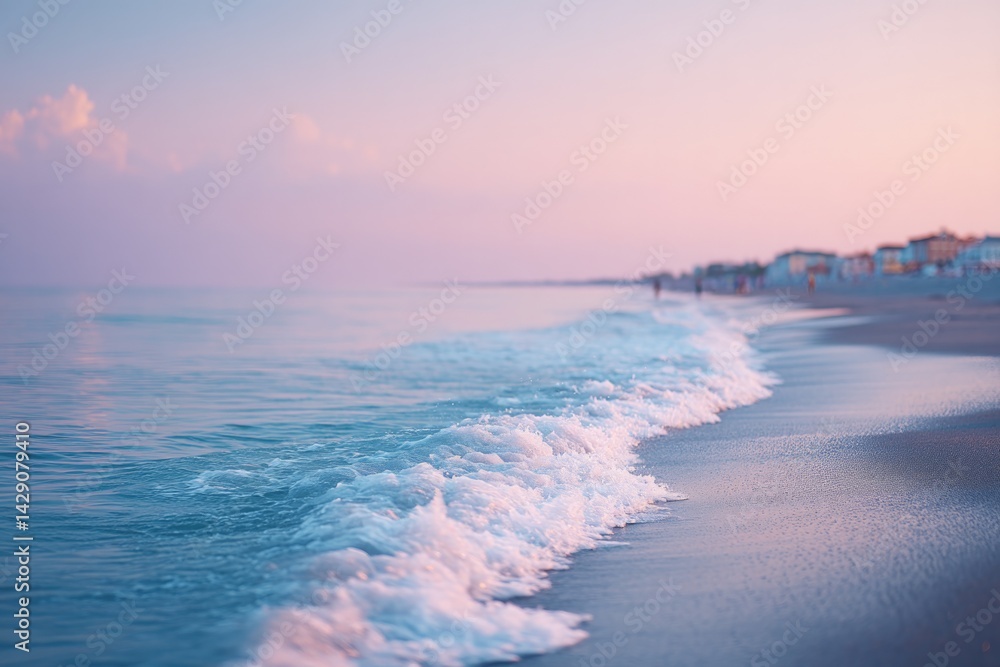 Obraz premium serene beach scene with crystalline waters kissing shore figures are artfully blurred in background
