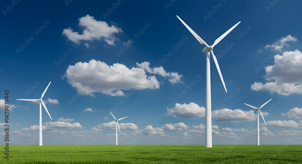 Fototapeta premium Wind Turbines in a Green Field with Blue Sky and White Clouds Generate Renewable Energy
