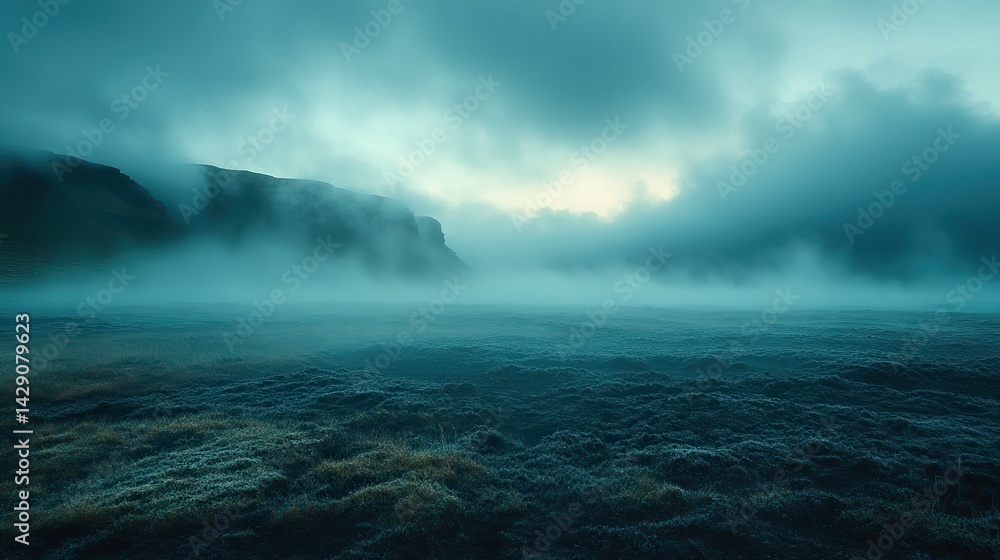 Naklejka premium Opaline mist rolls across a desolate landscape, obscuring the view