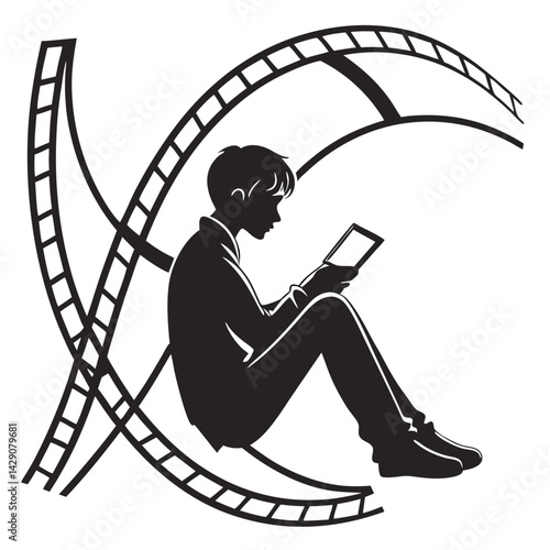 Boy Reading Tablet Sitting Inside Cinema Film Reel Strip Silhouette Style