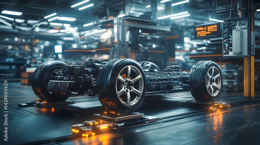 Fototapeta premium A cutting-edge installation of battery modules in an electric vehicle factory, showcasing digital monitoring and modern, sterile designs.