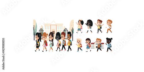 Print   Diverse group of children go back to school with backpacks, vector cartoon illustration.
