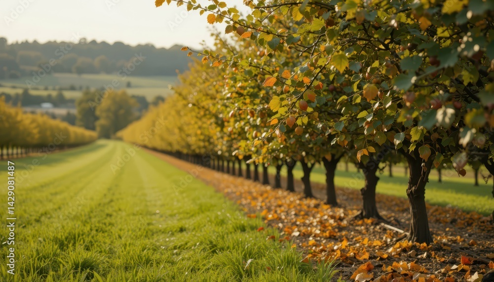 Fototapeta premium Tranquil Autumn Pathway Through Lush Orchard Landscape at Sunset