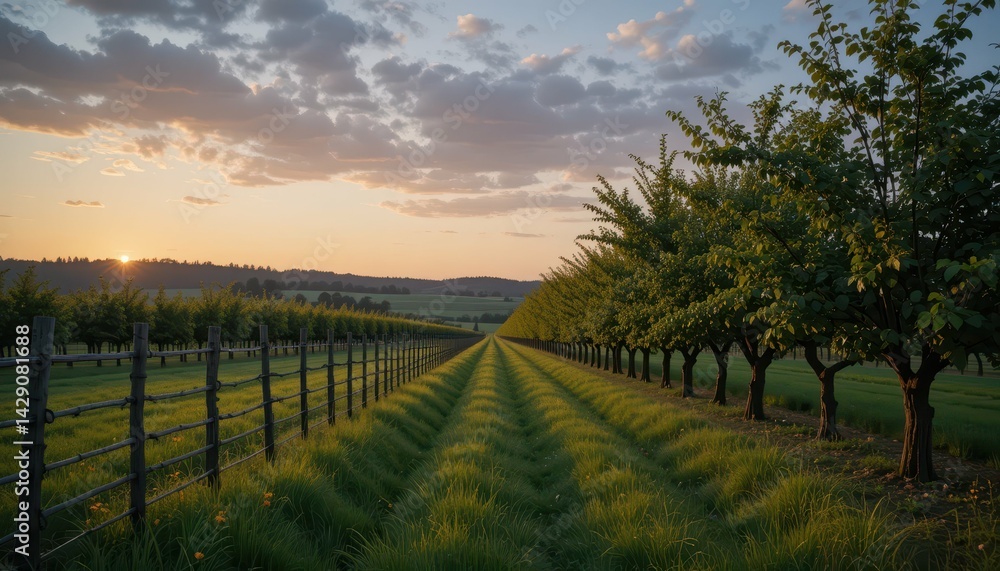 Fototapeta premium Serene Sunset Over Lush Orchard with Rows of Trees and Green Grass