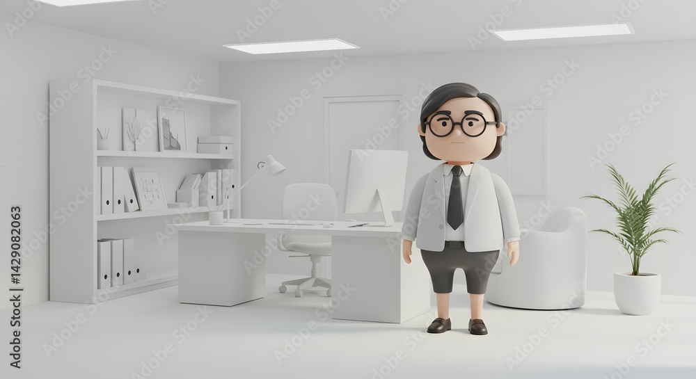 3D Render of a Cartoon Businessman in a Minimalist White Office Setting Perfect for Business, Finance, and Corporate Presentations 3D Render of a Cartoon Businessman in a Minimalist White Office Setting Perfect for Business, Finance, and Corporate Presentations