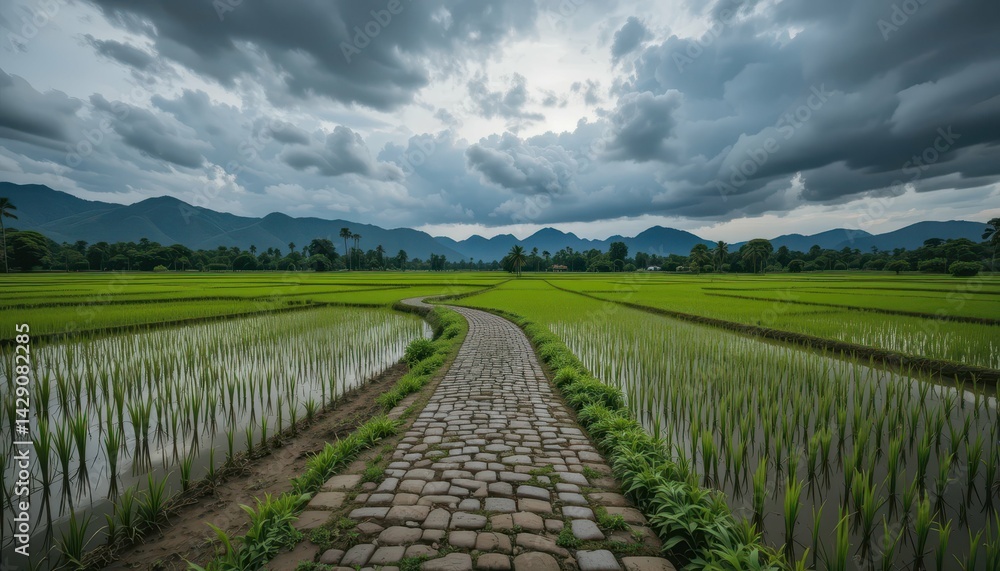 Scenic Rice Field Pathway Under Dramatic Cloudy Sky Landscape Scenic Rice Field Pathway Under Dramatic Cloudy Sky Landscape