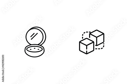 Minimalist Outline Drawing Of Cosmetic Face Powder And Two Cubes Connected By Dotted Line