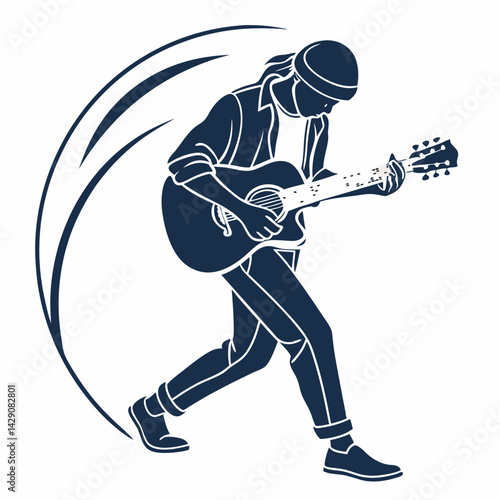 Young Man Playing Acoustic Guitar Live Performance Monochrome Illustration Isolated