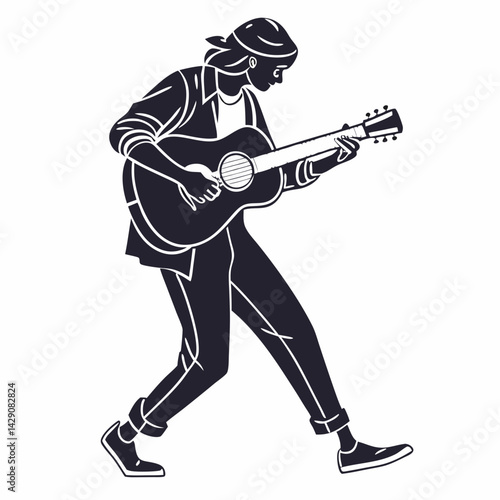 Silhouette Of A Young Woman Playing Acoustic Guitar In A Stylish Outfit